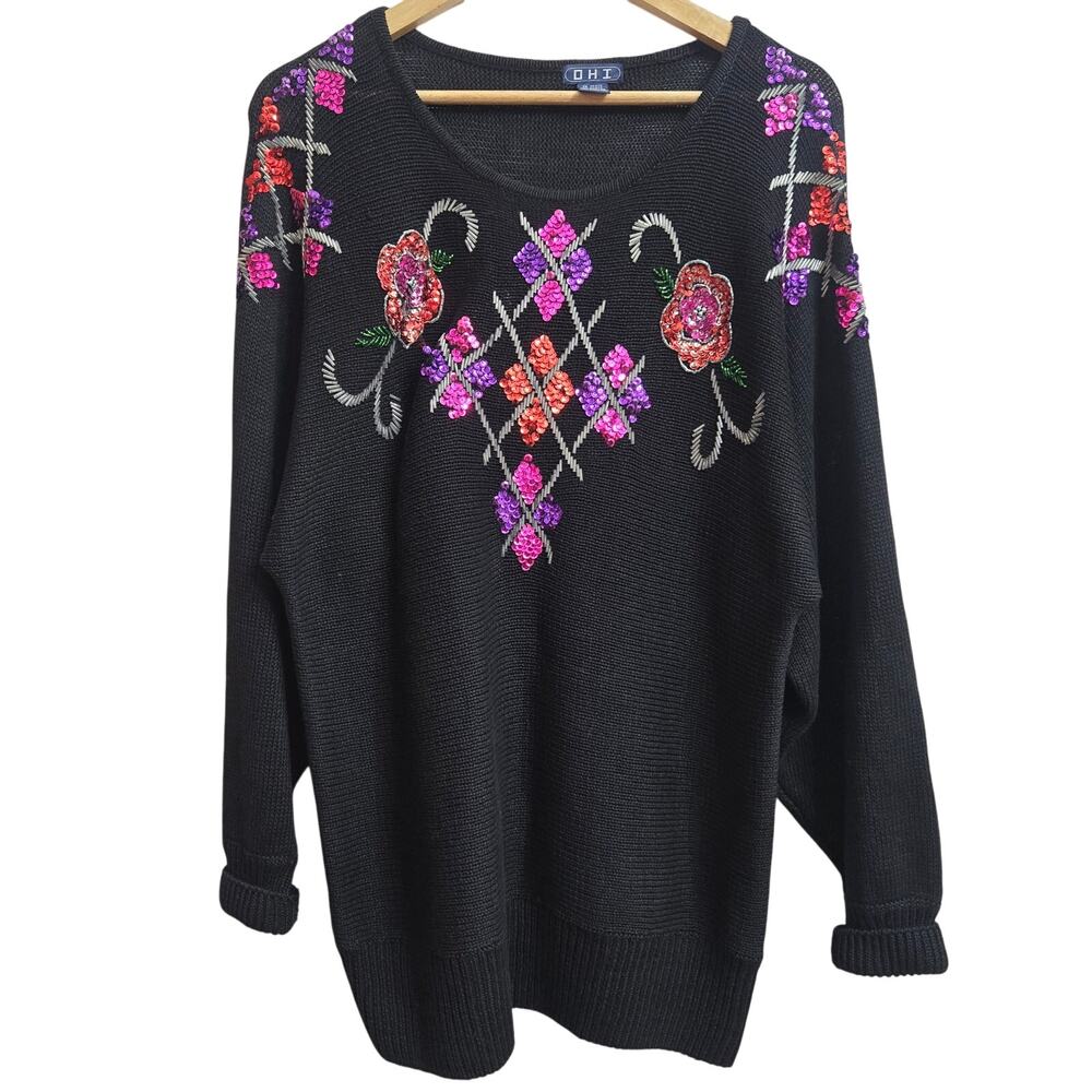 OHI Womens Vtg 90s Dopamine Glam Black Floral Sequins Oversized Knit Sweater L